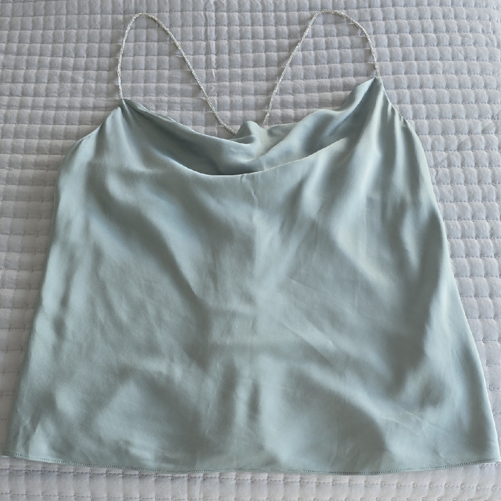 H&M Pale Green Satin Cowl Neck Cami with Crystals Straps